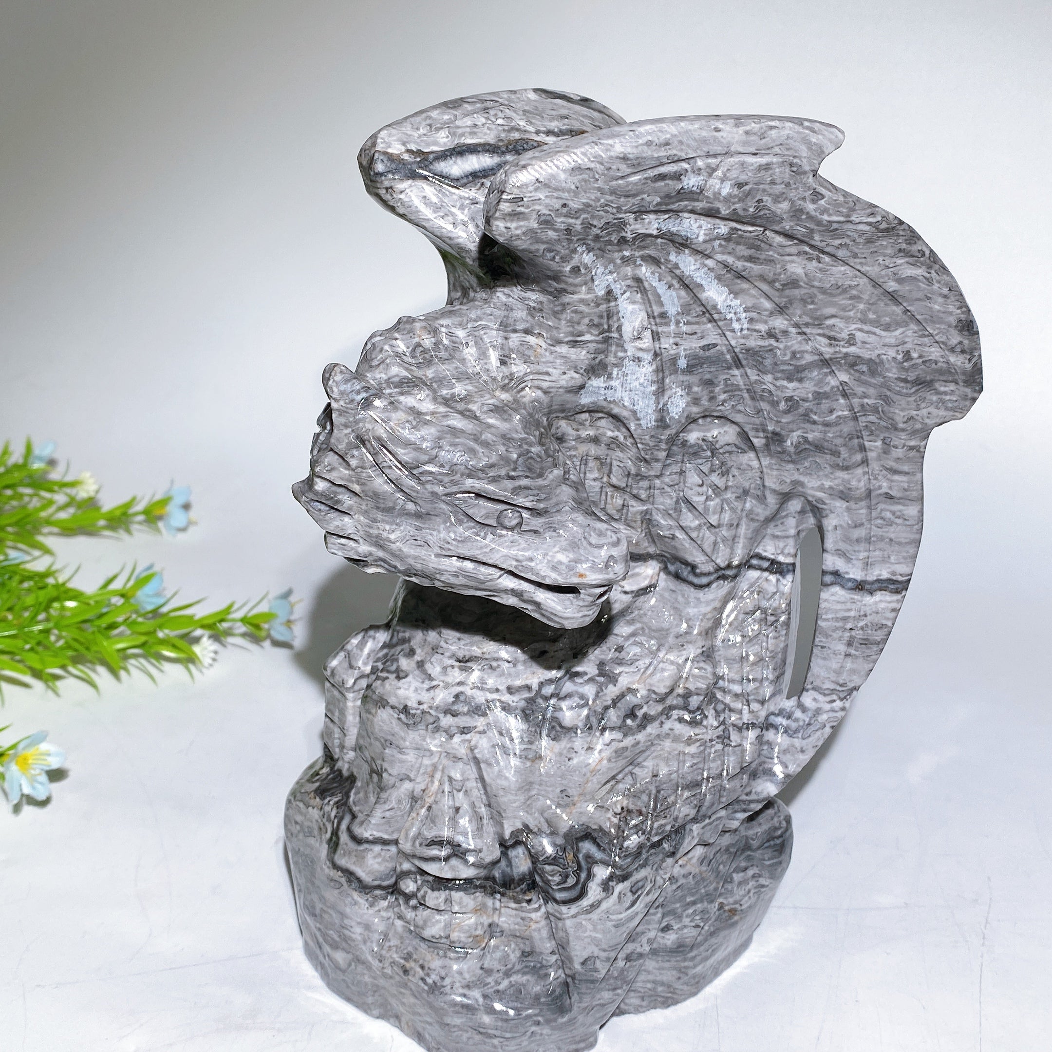 21 cm große Kristall-Drachenschnitzerei aus Picasso-Stein und Serpentin