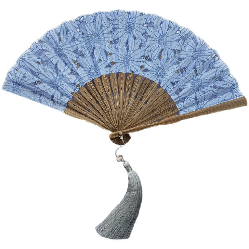 21 cm einfarbiger hohler Blumen-Bambus-Handfächer aus Baumwolle