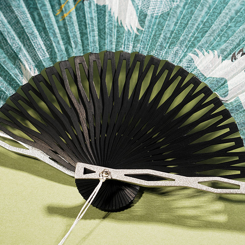 22,5 cm chinesischer Faltfächer | Blauer Kranich-Seiden-Bambusfächer