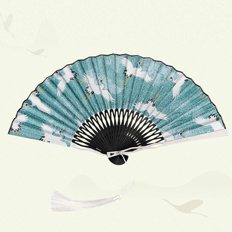 22,5 cm chinesischer Faltfächer | Blauer Kranich-Seiden-Bambusfächer