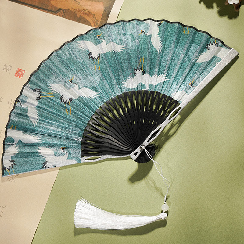 22,5 cm chinesischer Faltfächer | Blauer Kranich-Seiden-Bambusfächer