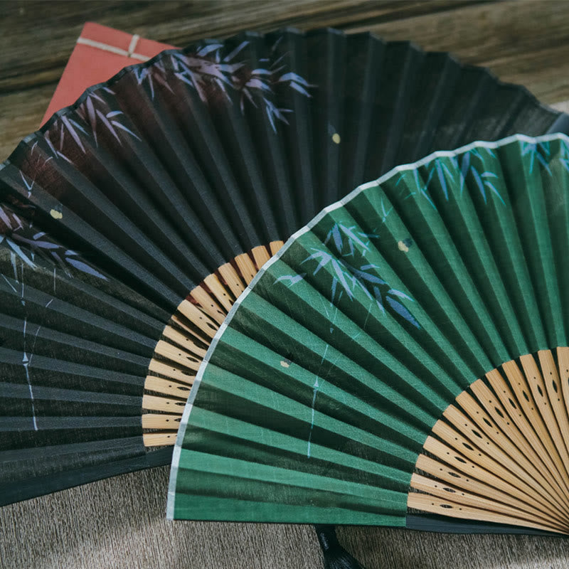Chinesischer Faltfächer mit Glühwürmchen-Bambusblättern-Muster, 22,5 cm