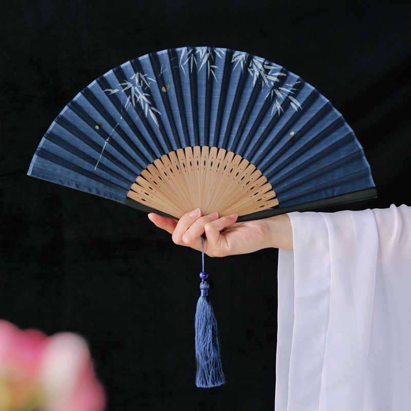 Chinesischer Faltfächer mit Glühwürmchen-Bambusblättern-Muster, 22,5 cm