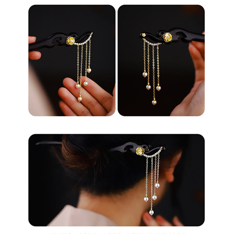 Ebony Wood Chinese Hairpin with Yellow Pearl Tassels