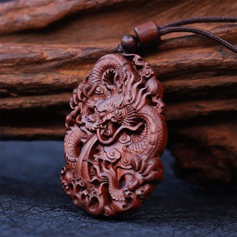 Lightning Struck Jujube Wood Double Dragon Protection Pendant