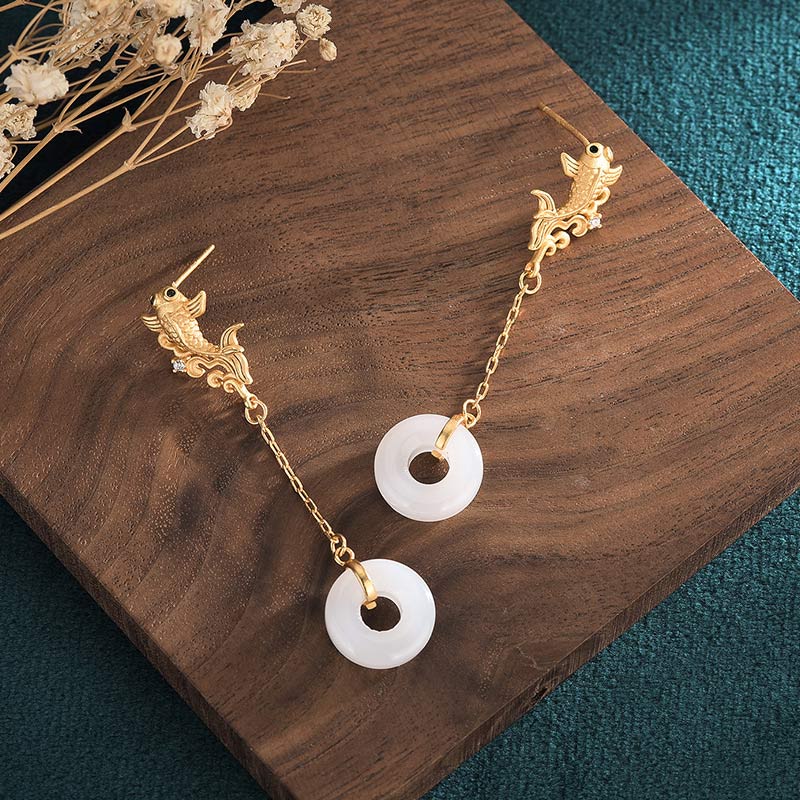 56mm White Jade Lucky Koi Fish Earrings