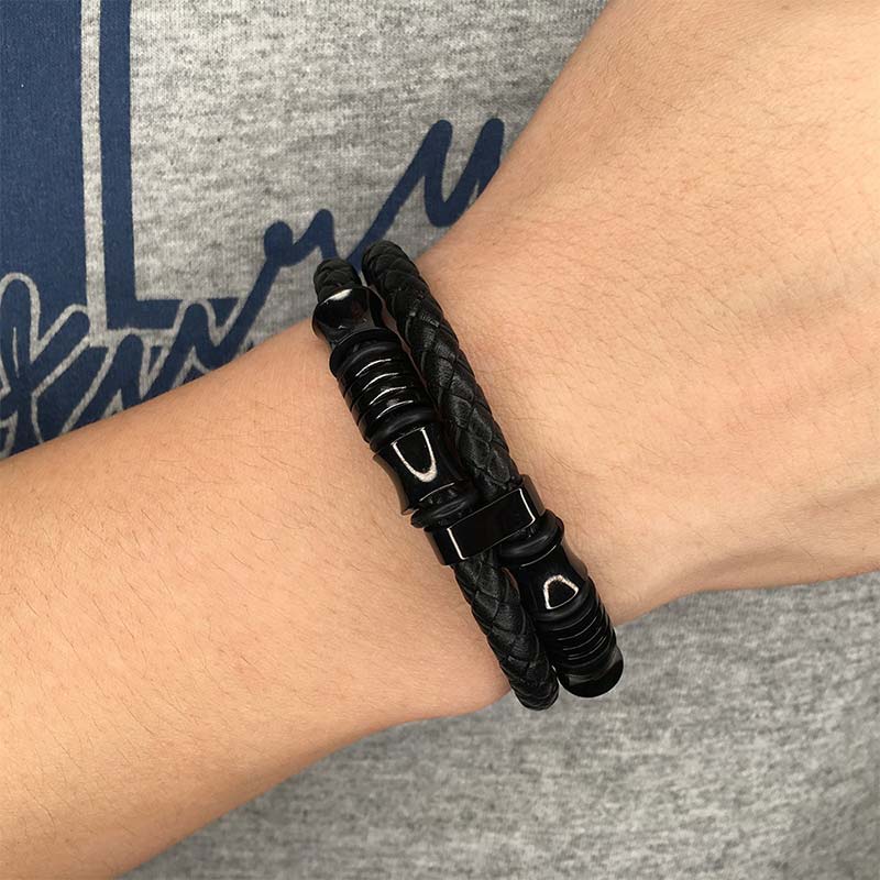 Layered Leather and Titanium Steel Spiritual Bracelet for Balance