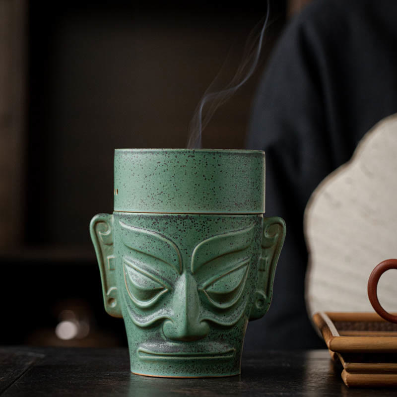 Sanxingdui Ceramic Incense Burner Inspired by Bronze Age Mask Meditation