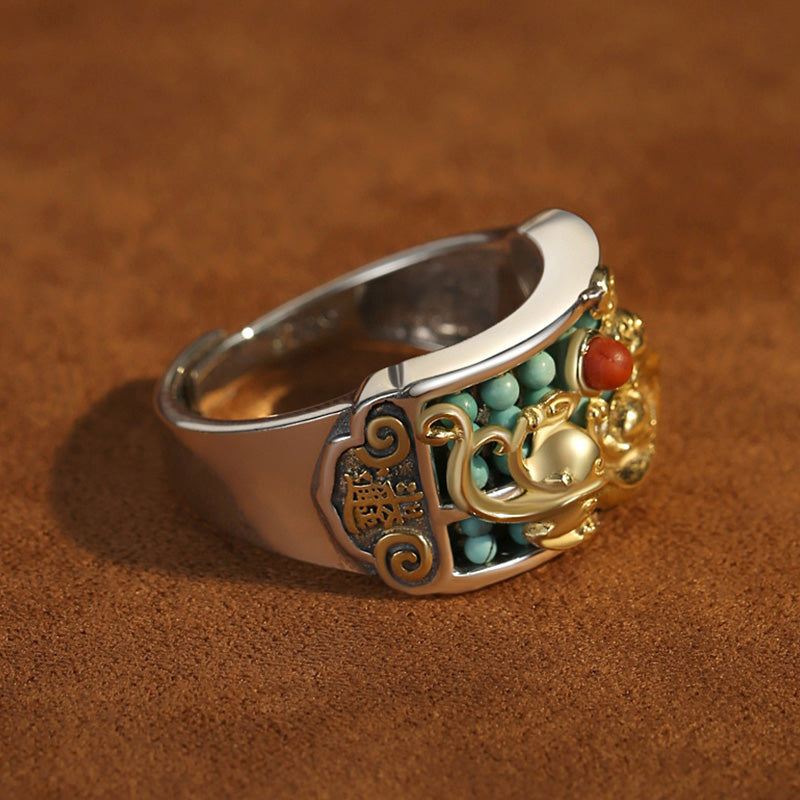 925 Sterling Silver Turquoise Red Agate PiXiu Protection Ring