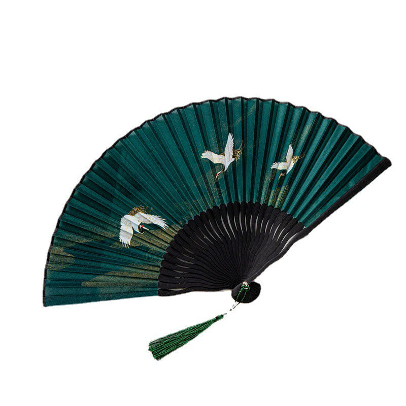 22 cm großer chinesischer Faltfächer aus Bambusseide mit weißem Kranich-Design