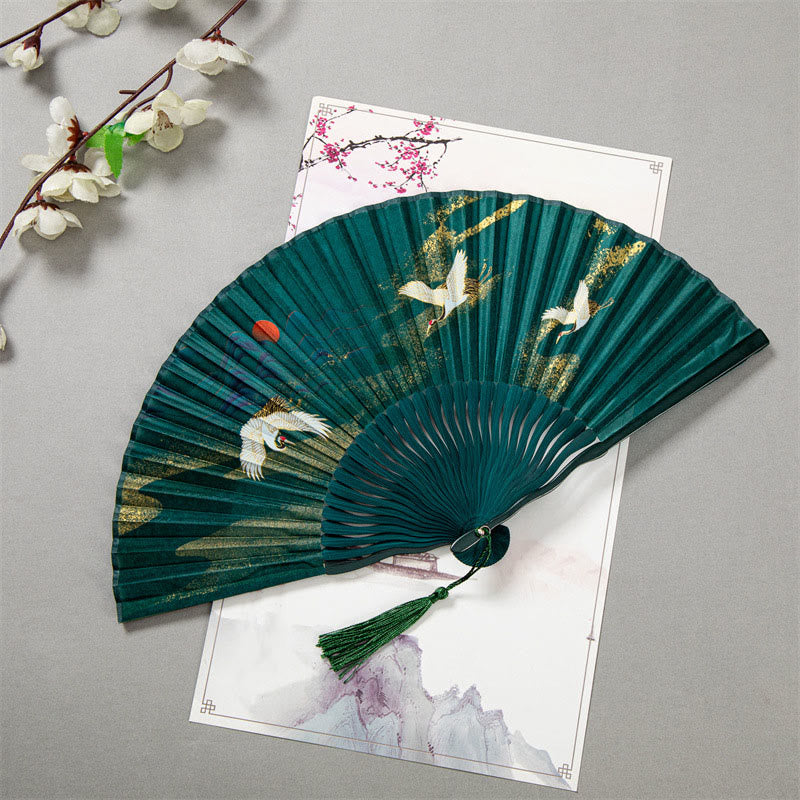 22 cm großer chinesischer Faltfächer aus Bambusseide mit weißem Kranich-Design