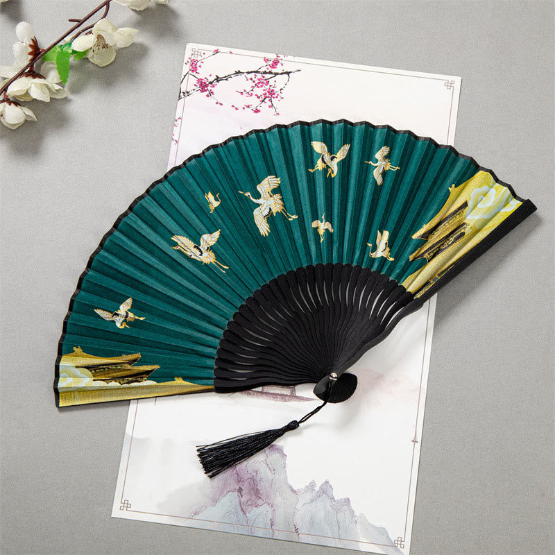 22 cm großer chinesischer Faltfächer aus Bambusseide mit weißem Kranich-Design