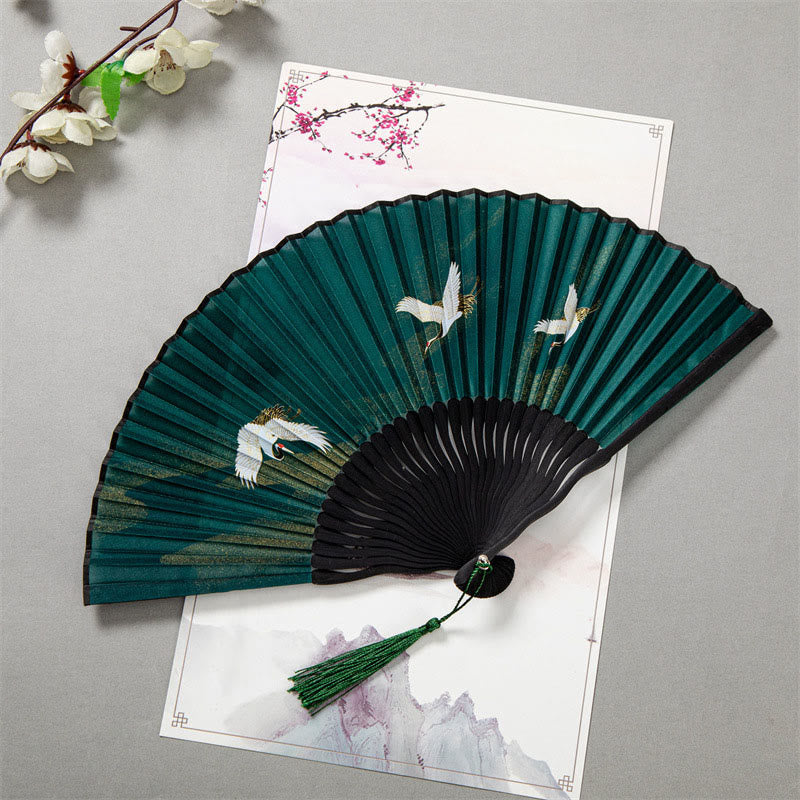 22 cm großer chinesischer Faltfächer aus Bambusseide mit weißem Kranich-Design
