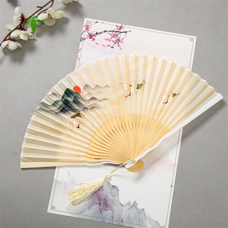 22 cm großer chinesischer Faltfächer aus Bambusseide mit weißem Kranich-Design