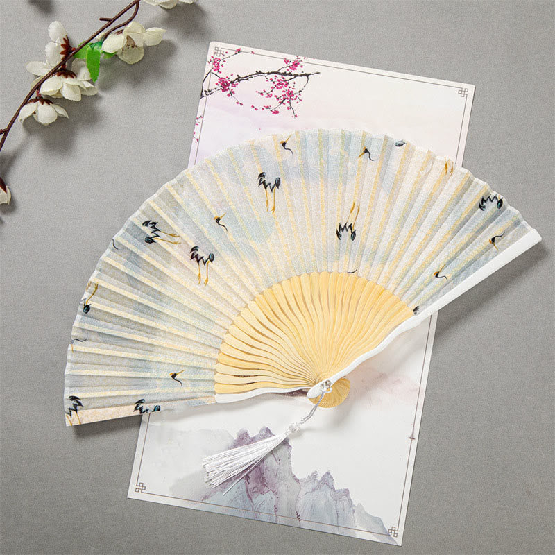 22 cm großer chinesischer Faltfächer aus Bambusseide mit weißem Kranich-Design