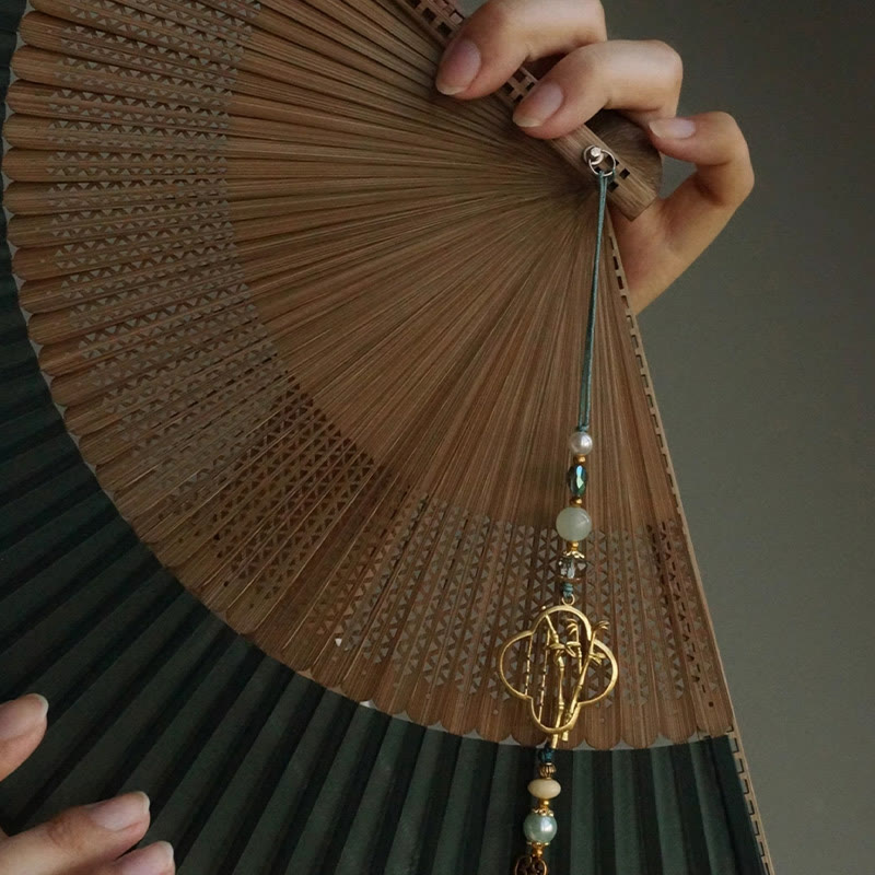 22 cm dunkelgrüner chinesischer faltbarer Handfächer aus Bambusseide