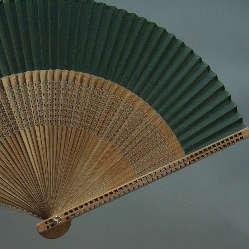 22 cm dunkelgrüner chinesischer faltbarer Handfächer aus Bambusseide