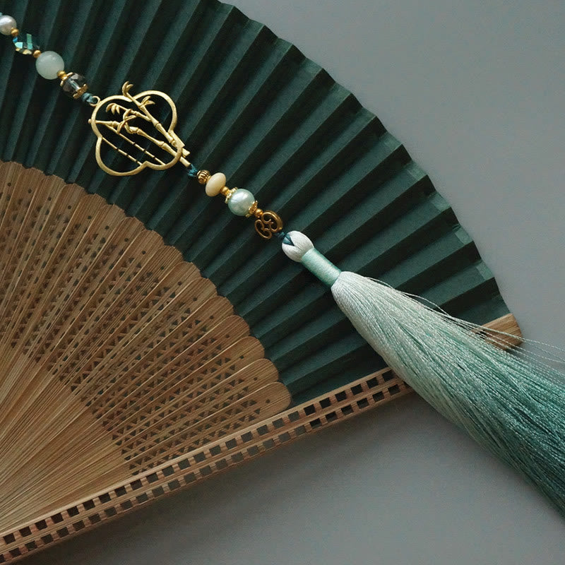 22 cm dunkelgrüner chinesischer faltbarer Handfächer aus Bambusseide
