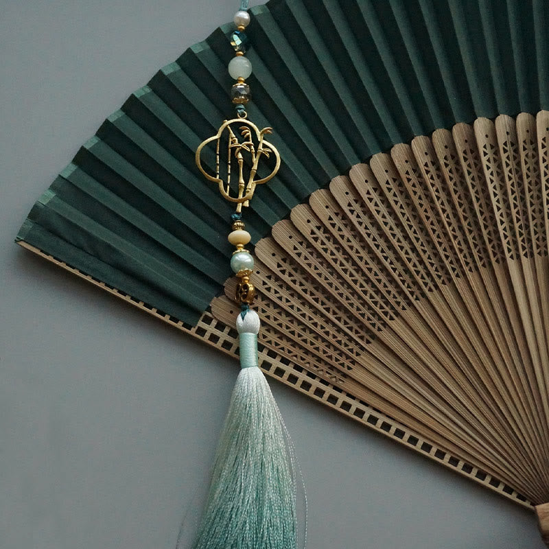 22 cm dunkelgrüner chinesischer faltbarer Handfächer aus Bambusseide
