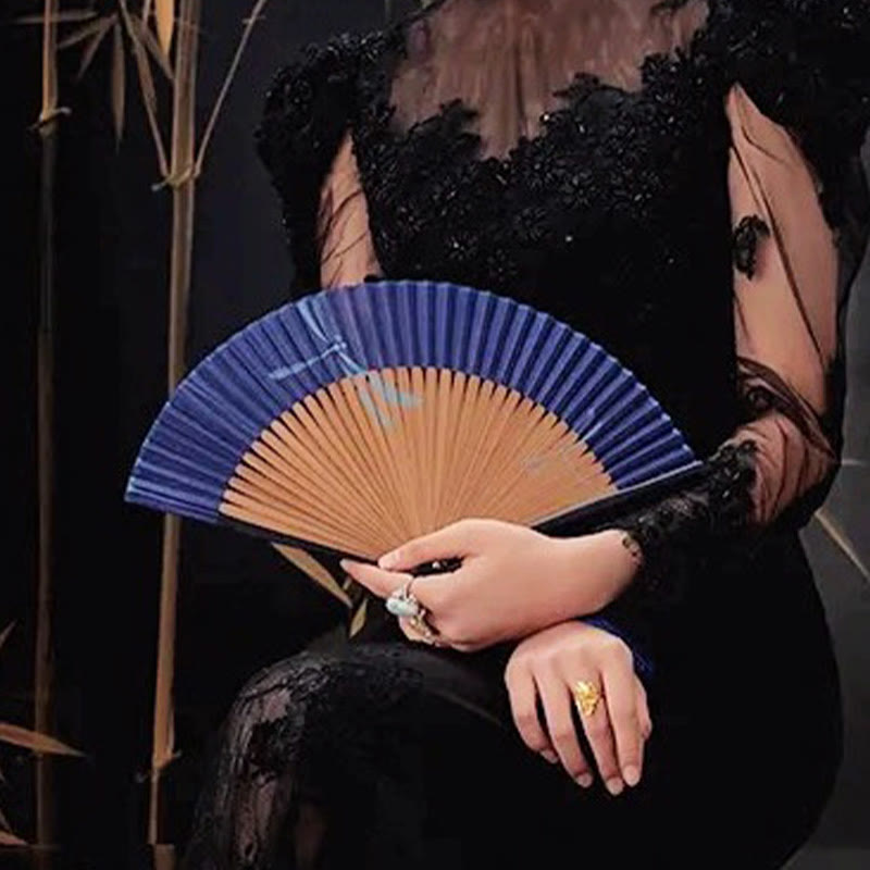 22 cm großer Faltfächer aus Bambus mit Libellenmotiv und Quaste – eleganter Handfächer