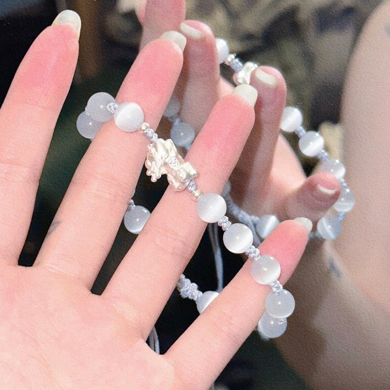 PiXiu Obsidian Cat's Eye Pink Crystal Strength Bracelet
