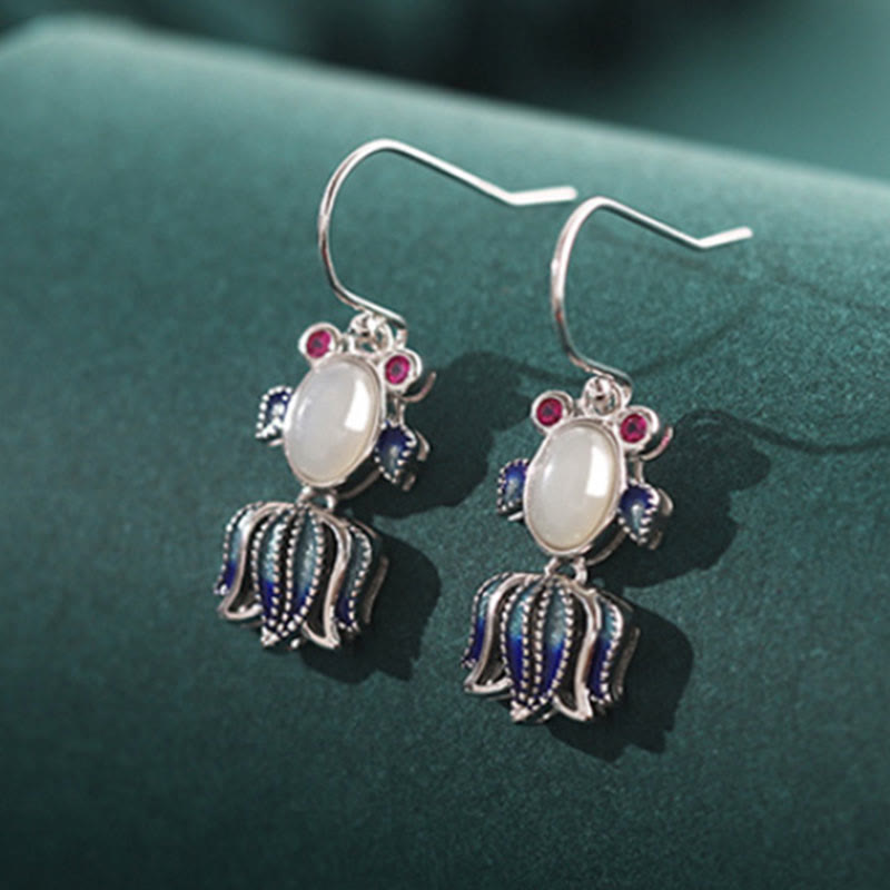 Silver Hetian White Jade Red Agate Fish Drop Earrings