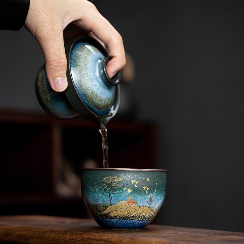 Ceramic Tea Cup with Deer and Cat Design for Spiritual Serenity