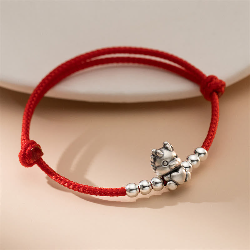 23 cm großes Sterlingsilber-Armband mit Drachenglück und roter Schnur