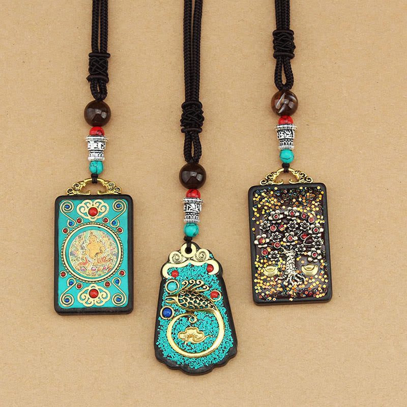 Ebony Spiritual Necklace with Wealth Gods & Golden Phoenix