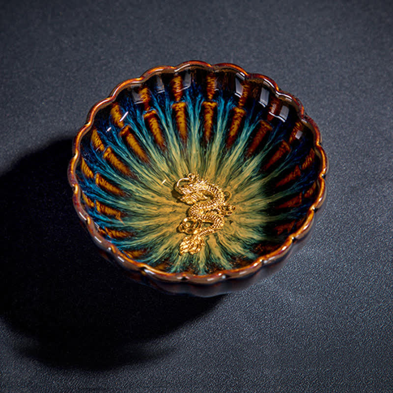 130ml Lotus Dragon Ceramic Tea Cup with Auspicious Inlaid Art
