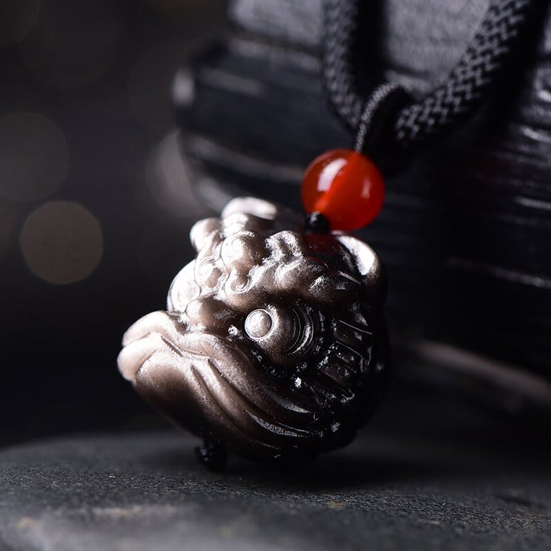 Silver Sheen Obsidian Dancing Lion Protection Necklace Unisex