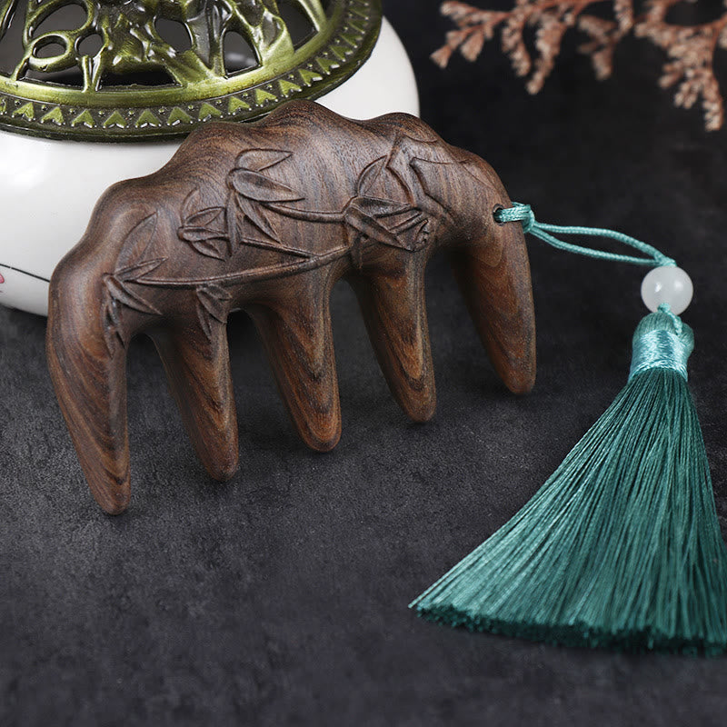Green Sandalwood Tassel Comb with Lotus & Koi Fish Symbols