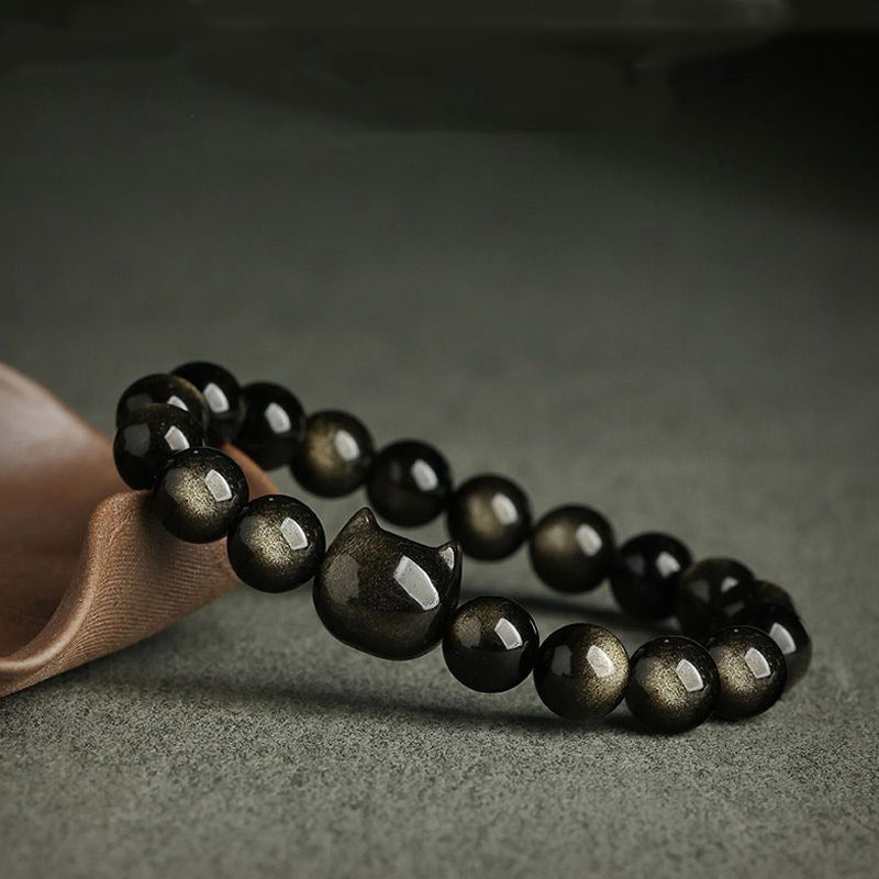 Gold Sheen Obsidian Bracelet with Lucky Cat Paw Charm for Protection