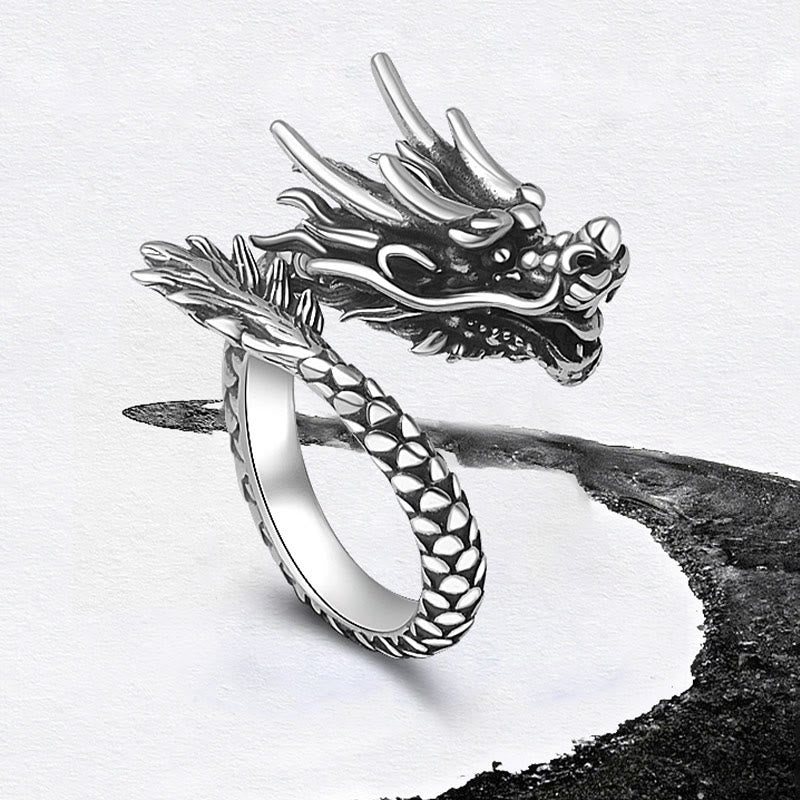 Adjustable 990 Silver Dragon Ring Luck Protection Strength