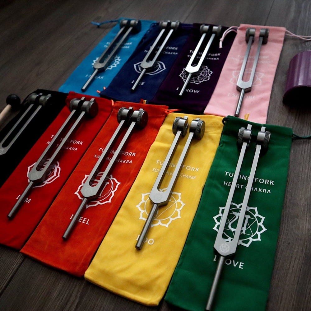 .25 Solfeggio Tuning Fork Set - 9pc Chakra Engram Series - No Activator / Chakra Color Bags