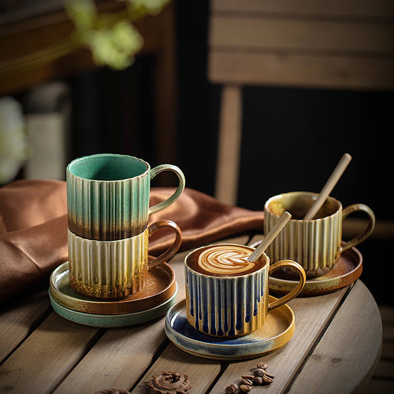 250 ml Retro gestreifte Kaffeetasse aus Keramik mit Ofenwechsel | Zen-Dekor
