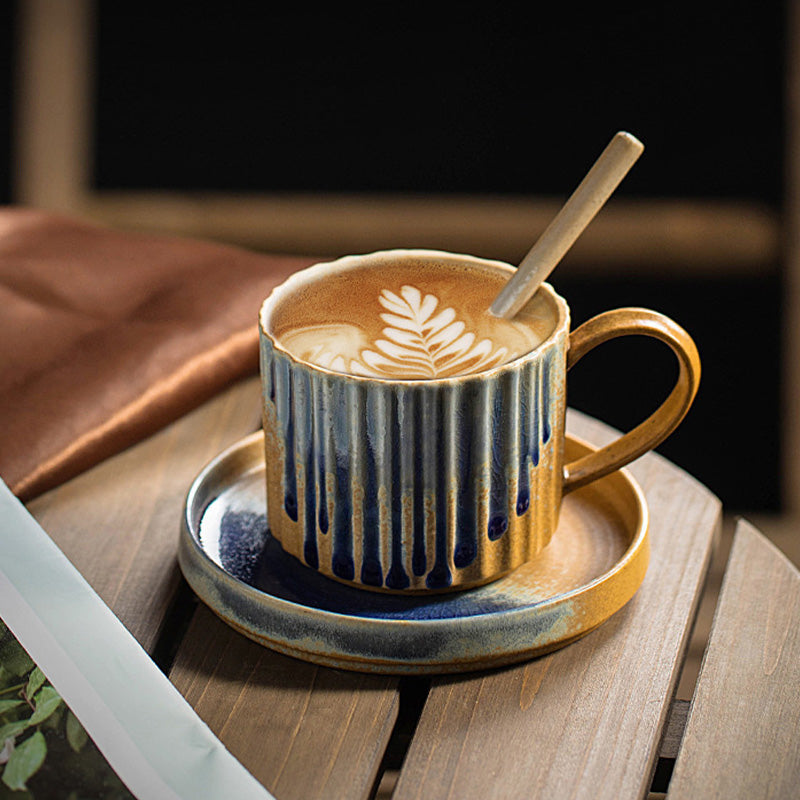 250 ml Retro gestreifte Kaffeetasse aus Keramik mit Ofenwechsel | Zen-Dekor