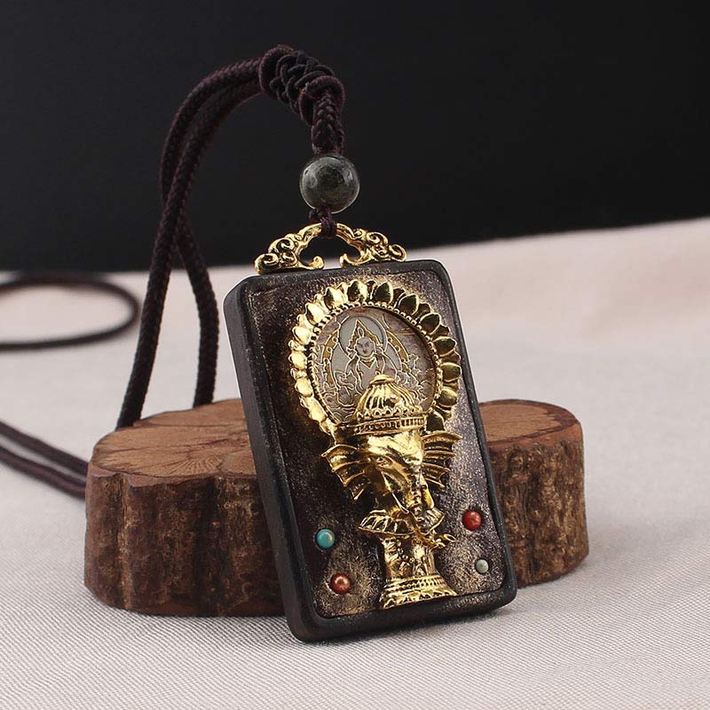 Ebony Wood Elephant Necklace with God of Fortune Pendant