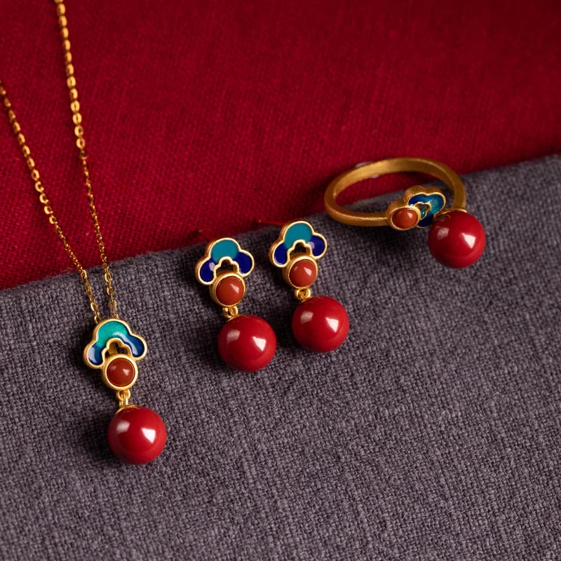 925 Sterling Silver Gold Cinnabar Red Agate Blessing Necklace Ring Earrings Set