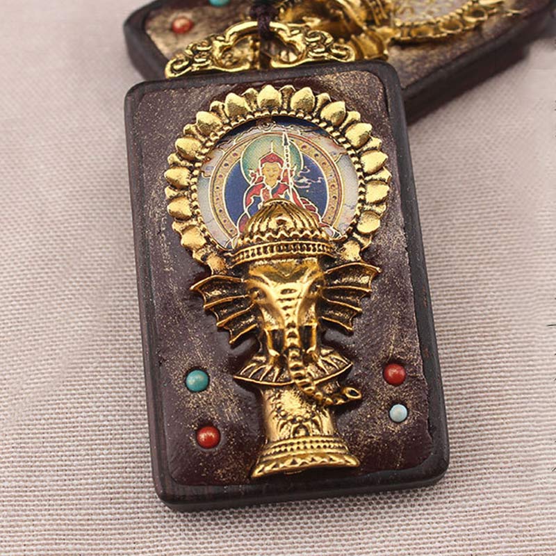 Ebony Wood Elephant Necklace with God of Fortune Pendant