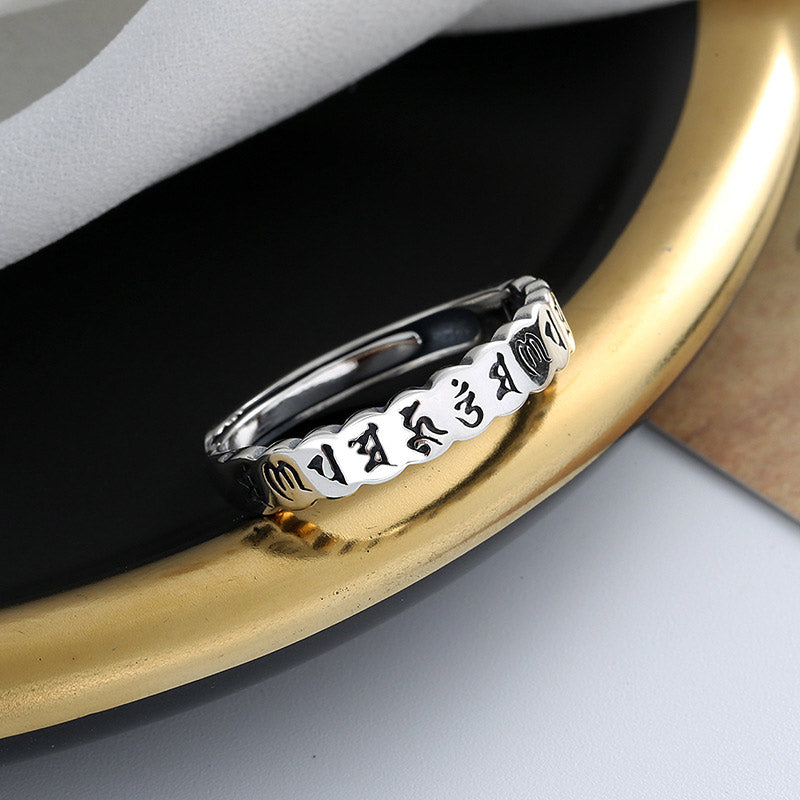 925 Sterling Silver Om Mani Padme Hum Ring | Adjustable Calm Wisdom