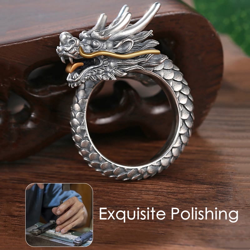 925 Sterling Silver Adjustable Dragon Ring for Protection & Strength
