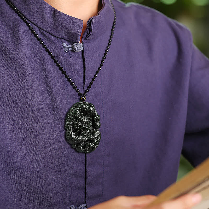 Hetian Cyan Jade Dragon Necklace for Success & Harmony
