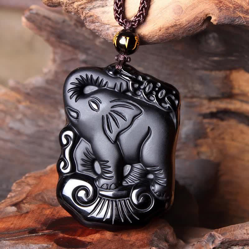 Black Obsidian Elephant Necklace for Protection & Strength