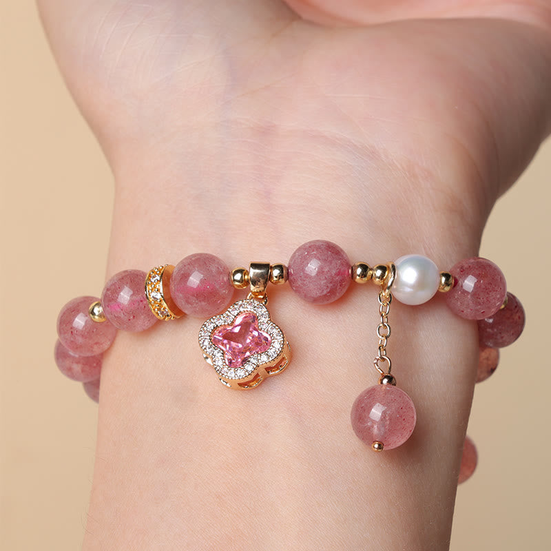 Strawberry Quartz Healing Bracelet with Pearl Clover Charm
