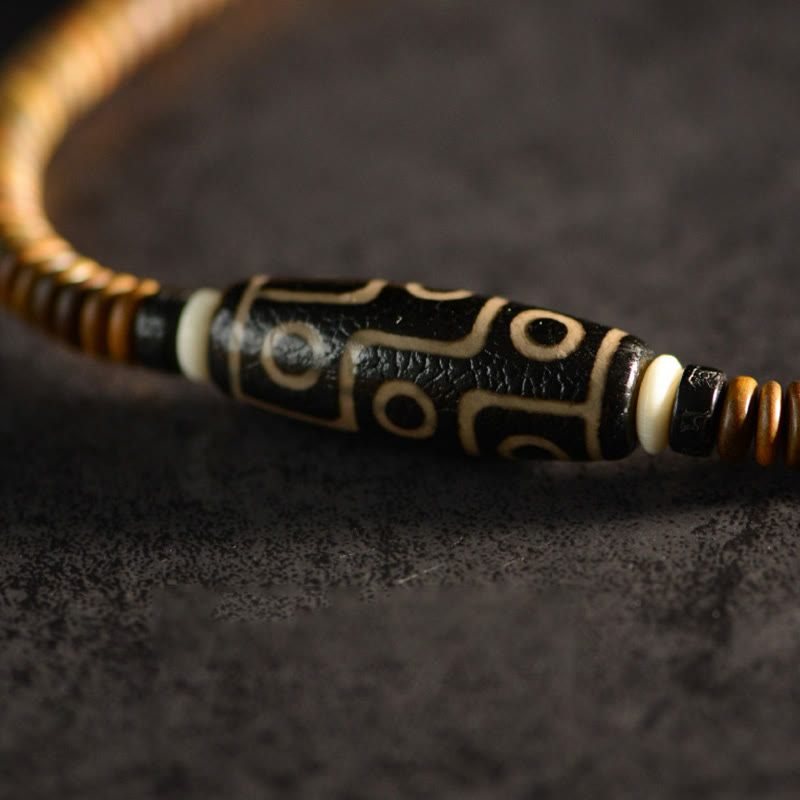 9-Eye Dzi Bead Ebony Wood Spiritual Double Wrap Bracelet
