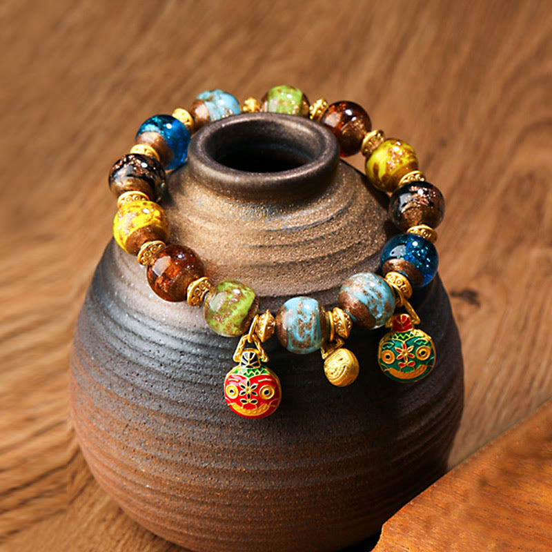 Gold Swallowing Beast Liuli Glass Bead Spiritual Bracelet 12mm