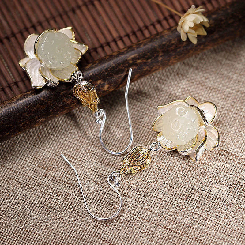 White Jade Protection Harmony Lotus Drop Earrings
