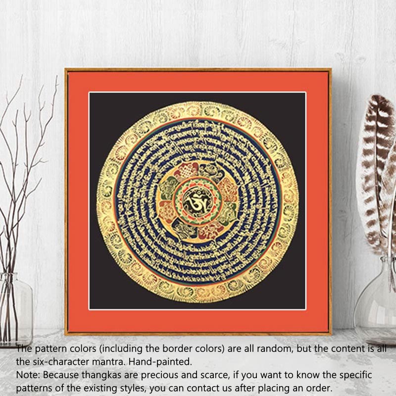 27 cm großes tibetisches Thangka-Gemälde mit sechs wahren Worten, Schrift, Meditationsdekor