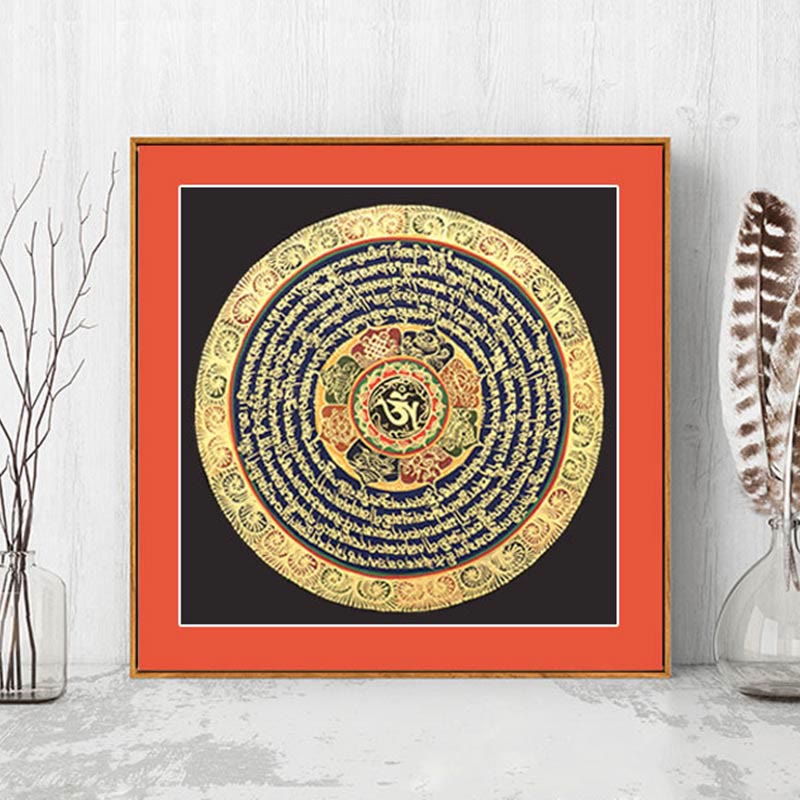 27 cm großes tibetisches Thangka-Gemälde mit sechs wahren Worten, Schrift, Meditationsdekor